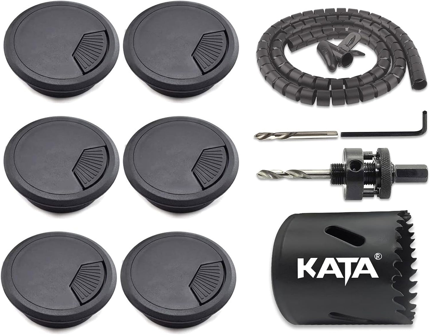 KATA 6-Pack Desk Grommet 2 Inch (50mm) Wire Cord Cable Desk Hole Cover with Bi-Metal Hole Saw Kit and Cord Wire Wrap Coiled Tube Sleeve Management, 2M Cable Sleeve Organizer