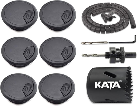KATA 6-Pack Desk Grommet 2 Inch (50mm) Wire Cord Cable Desk Hole Cover with Bi-Metal Hole Saw Kit and Cord Wire Wrap Coiled Tube Sleeve Management, 2M Cable Sleeve Organizer