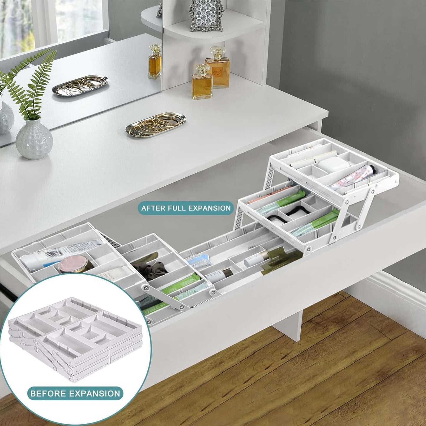 Aobiono Multi Level Smart Drawer Organizer, Multi Tier Expandable Storage Collapsible Foldable Trays for Jewelry, Cosmetics, Makeup, Tools, Battery (White, Double Row - 3 Levels)