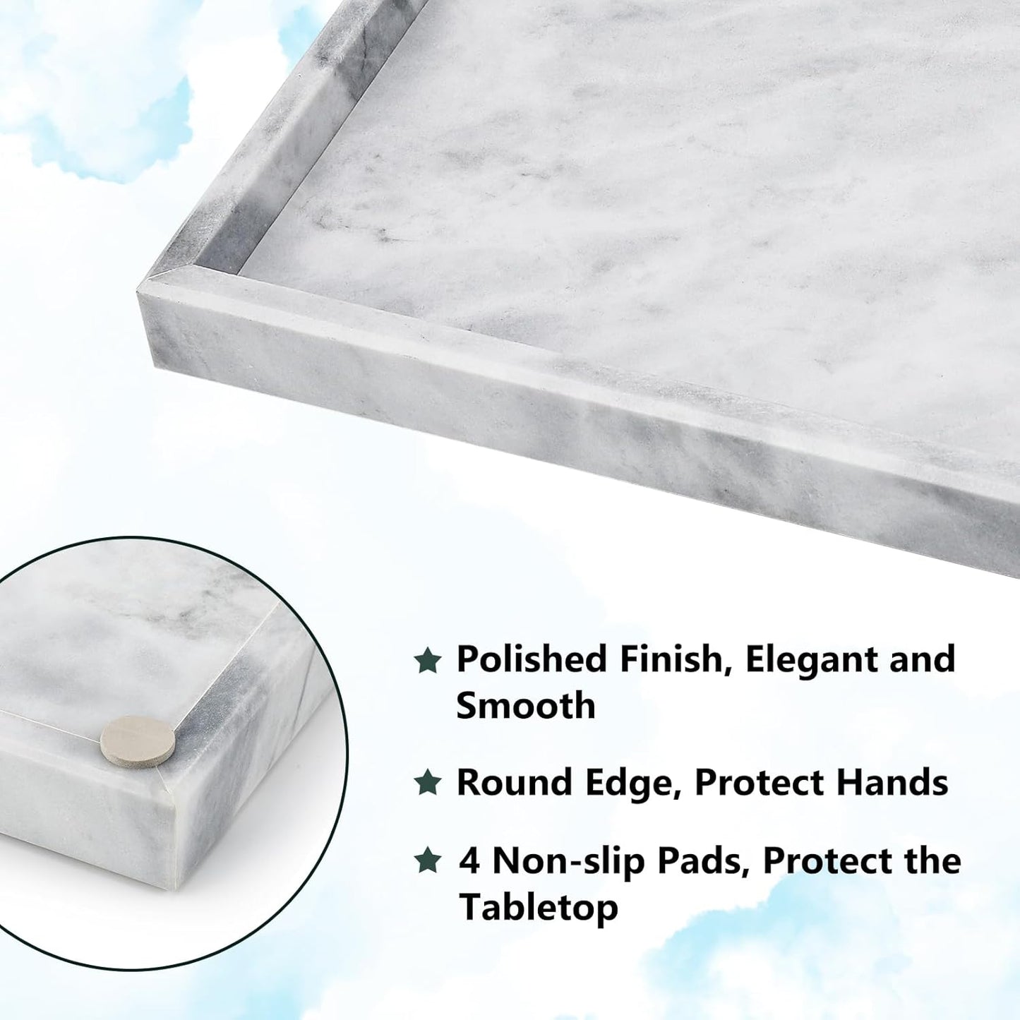 Real Natural Marble Tray for Bathroom, Vanity, Kitchen and Desktop, Rectangle Genuine Marble Stone Tray for Jewelry, Cosmetics, Candles, Lotion, Perfume and Home Decor
