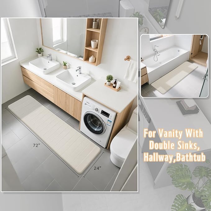 Yimobra Bathroom Runner Rugs 72"x24" Non Slip Washable Memory Foam Bath Mat, Super Soft Water Absorbent Hallway Carpet for Vanity Tub Shower, Cream