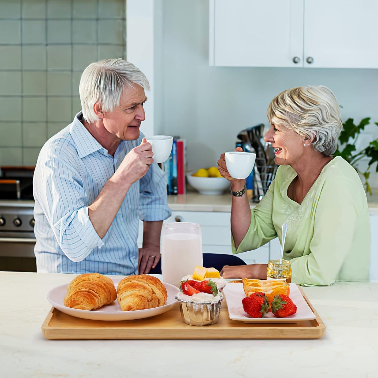 Bamboo Tray with Handles - Lightweight Serving Tray for Breakfast in Bed, Coffee Table, BBQ, Kitchen, Ottoman & Party - Perfect for Lap, Couch & Gifting - Large Size Wood Pallet - 15”x10”