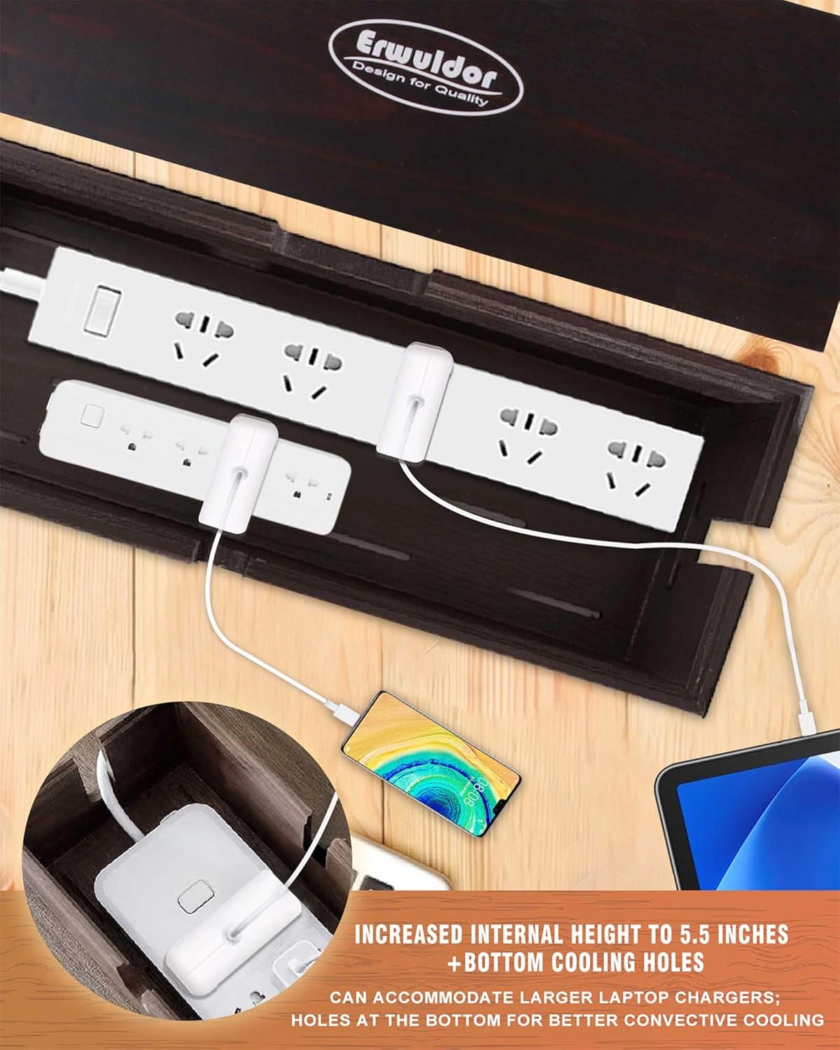 Natural Wood Cable Box. Cherry Color Large Cable Management Box, Cable Organizer Box, Perfect for Home, Office, or Desktop use. - Child and pet Safe Cable Box