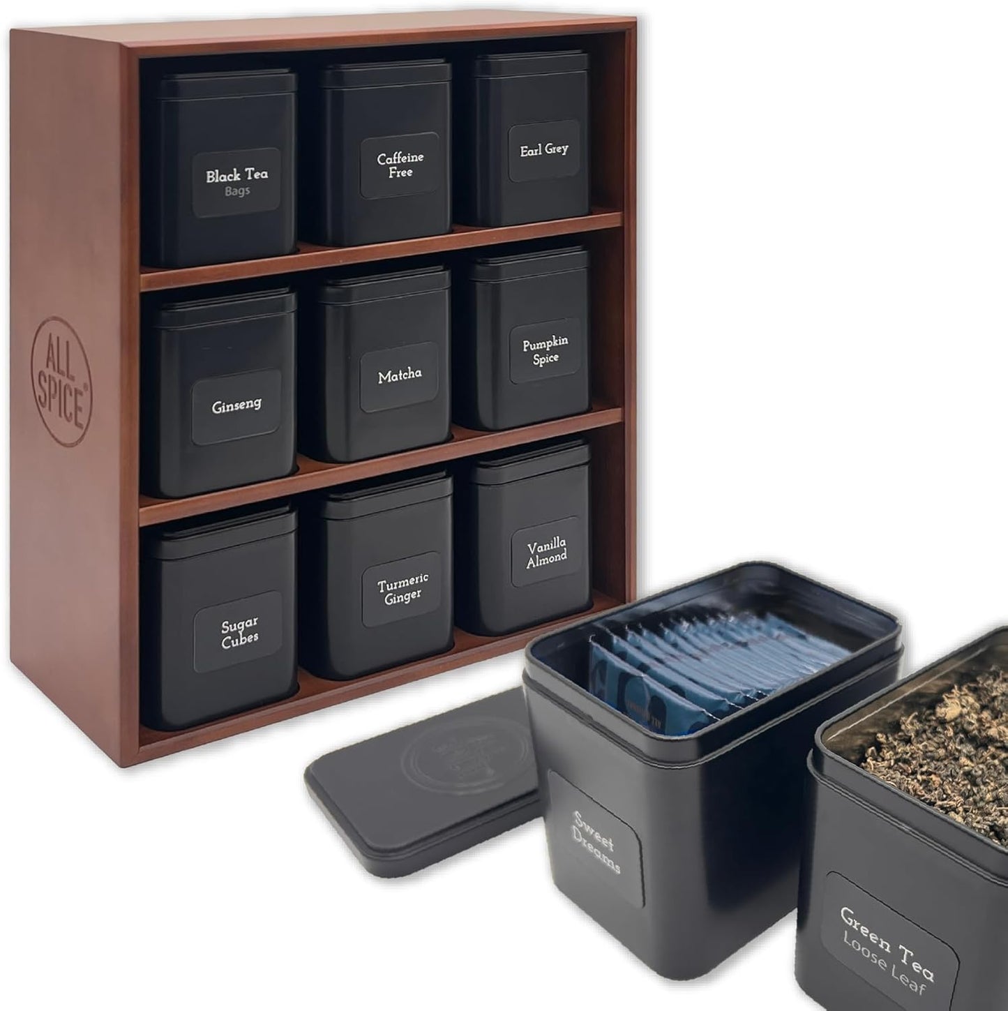 AllSpice Tea Organizer Rack with 9 Tins & 160 Magnetic Labels – Perfect for Bagged & Loose Leaf Tea Organization - Walnut