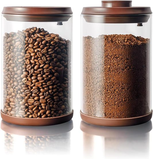2 Pack Large Airtight Coffee Canisters with CO2 Valve - 21oz Borosilicate Glass Storage Containers for Fresh Coffee Beans & Grounds, with Air Tight Pop Lid