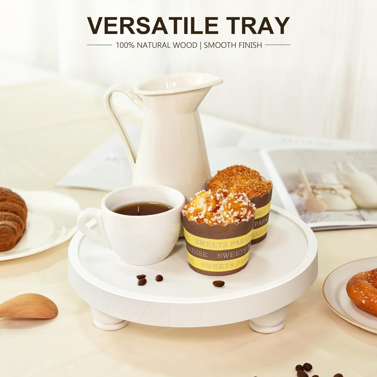 EOSAHR Decorative Wooden Riser for Home Decor : Farmhouse Display Stand for Kitchen Counter, Bathroom Sink and Home Decor - Rustic Round Waterproof Pedestal Tray for Soap, Plant Holder (White)