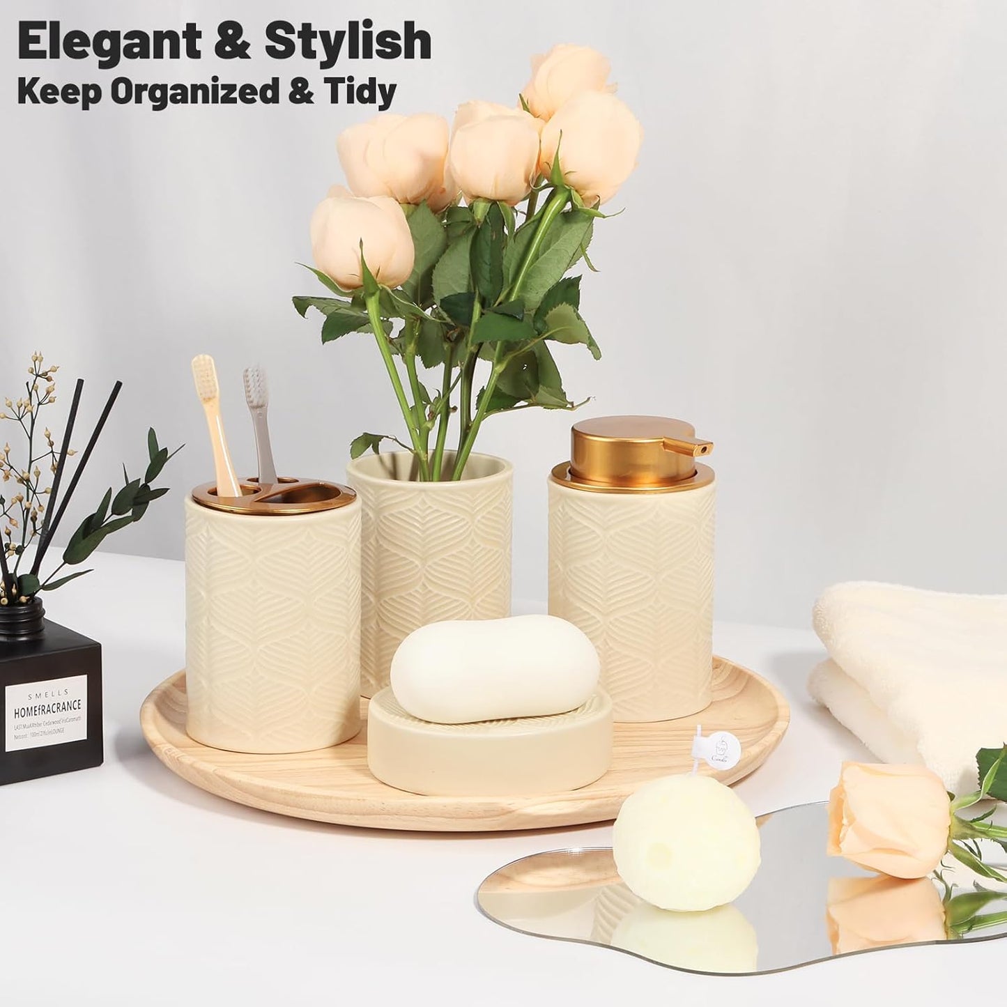 Ceramic Bathroom Accessories Set, 4 Pcs-Includes Lotion Soap Dispenser, Toothbrush Holder, Vanity Tray, and Tumbler, Modern Bathroom Decor Organizer with Soap Dish, Apothecary Jar, Beige Color