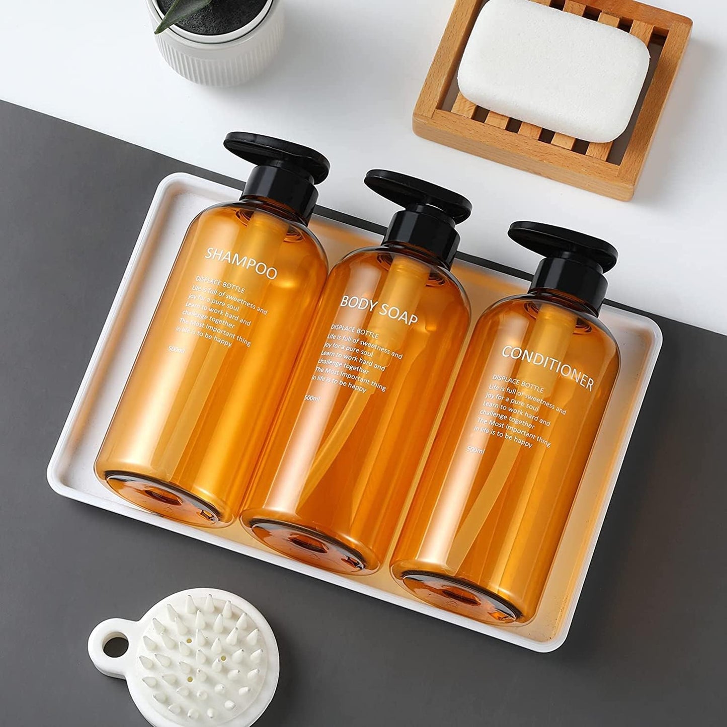 3 Pack Shampoo Bottle Pump Dispenser, 500ml Empty Plastic Soap Dispenser Bottle with Pump for Bathroom, Kitchen or Hotel, Refillable Dispenser for Lotion, Shower Gel and Conditioner (Amber-FBM)