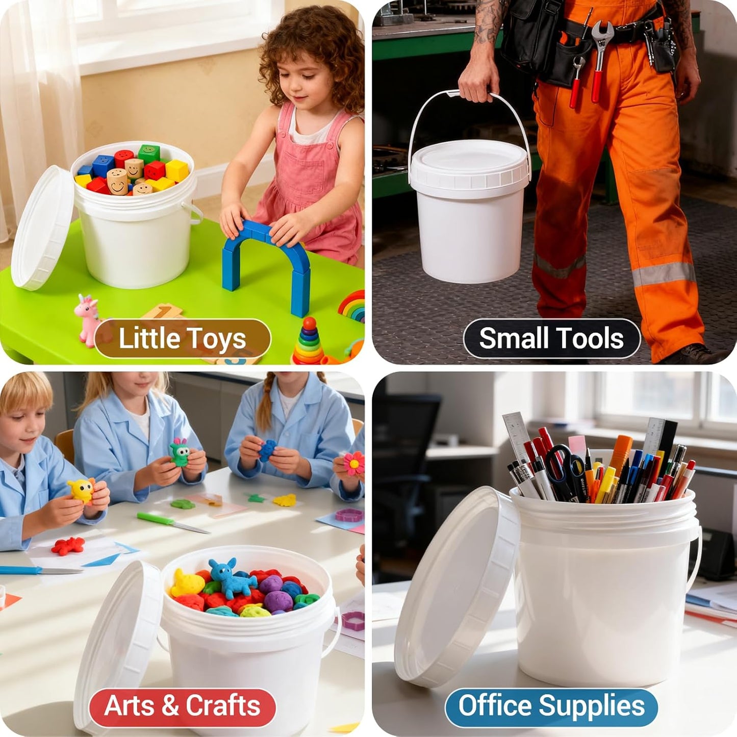 4 Pack 1 Gallon Plastic Buckets with Screw Lids & Handle, Food Grade Storage Containers for Kitchen, Freezer - Reusable White Plastic Bucket Set