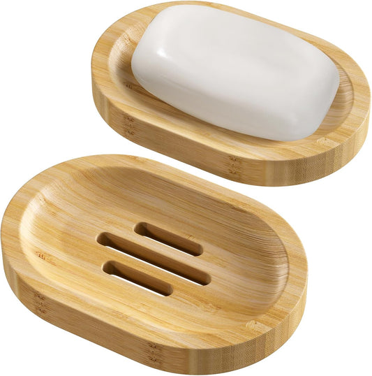 AmazerBath Bamboo Soap Holder, Bamboo Soap Dish, 2 Pack Soap Dishes for Bar Soap, Soap Tray Self Draining, Oval Soap Saver for Shower, Bathroom, Kitchen
