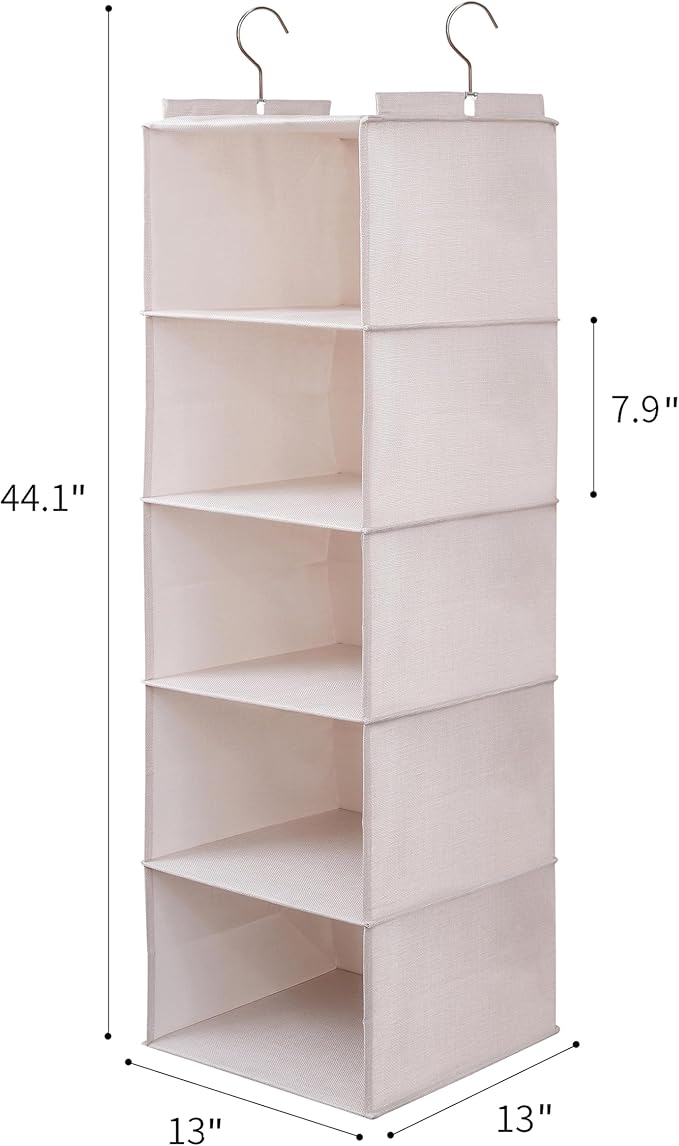 Large Hanging Sweater Organizer for Closet,Collapsible 6-Shelf Hanging Closet Shelves with Drawers, Washable (Beige -5 Shelf)