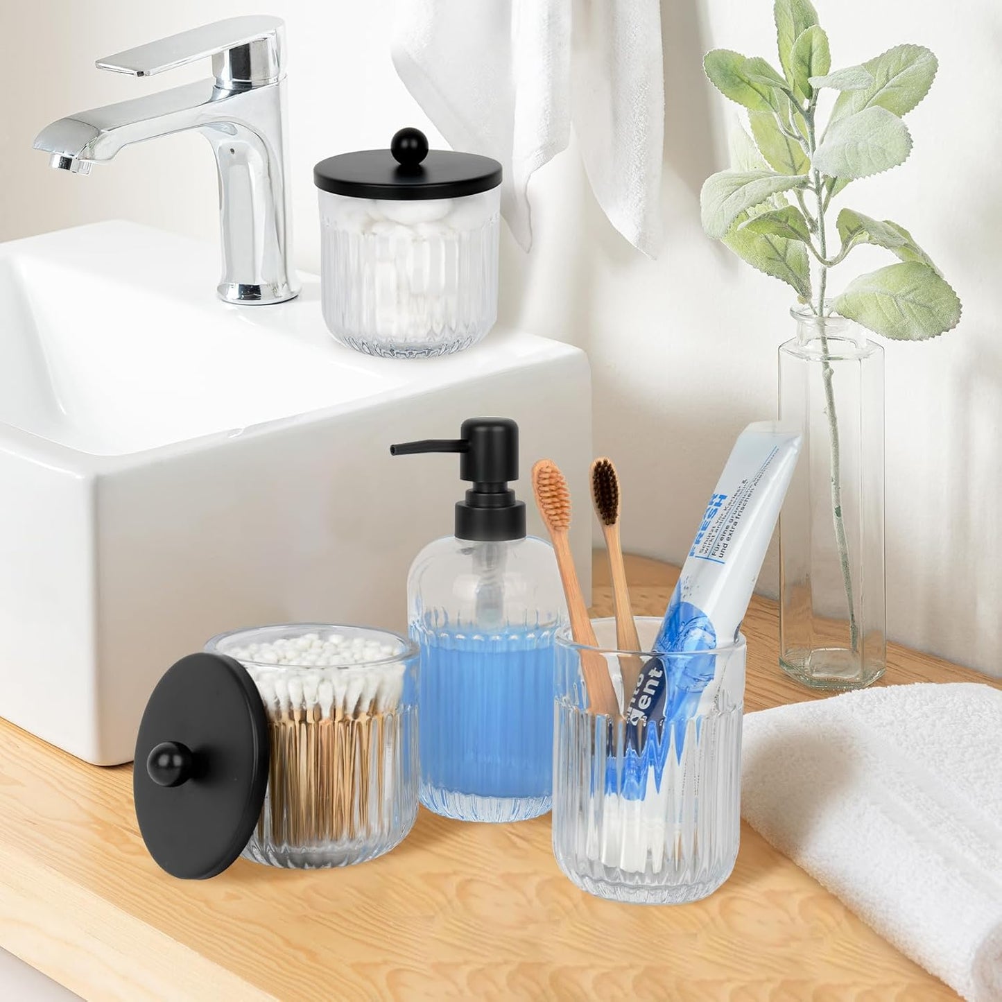 Bathroom Accessories Set,4 Pcs Clear Glass Bathroom Accessories Set with Toothbrush Holder,Lotion Soap Dispenser,2 Qtip Holder Dispensers - Countertop Organizer for Modern Bathroom Decor - Clear