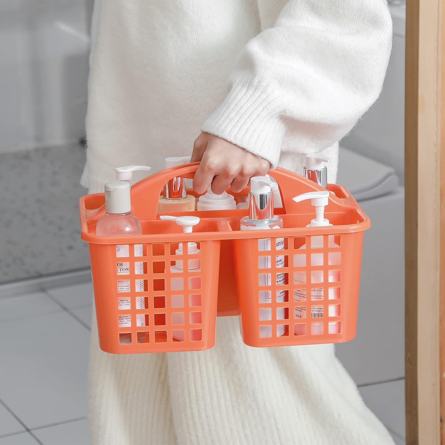 JiatuA Portable Shower Caddy Basket with Compartments Cleaning Supplies Organizer with Handle Plastic Storage Divided Tool Bin for Bathroom, Bedroom, Kitchen, College Dorm, Garden, Under Sink, Orange