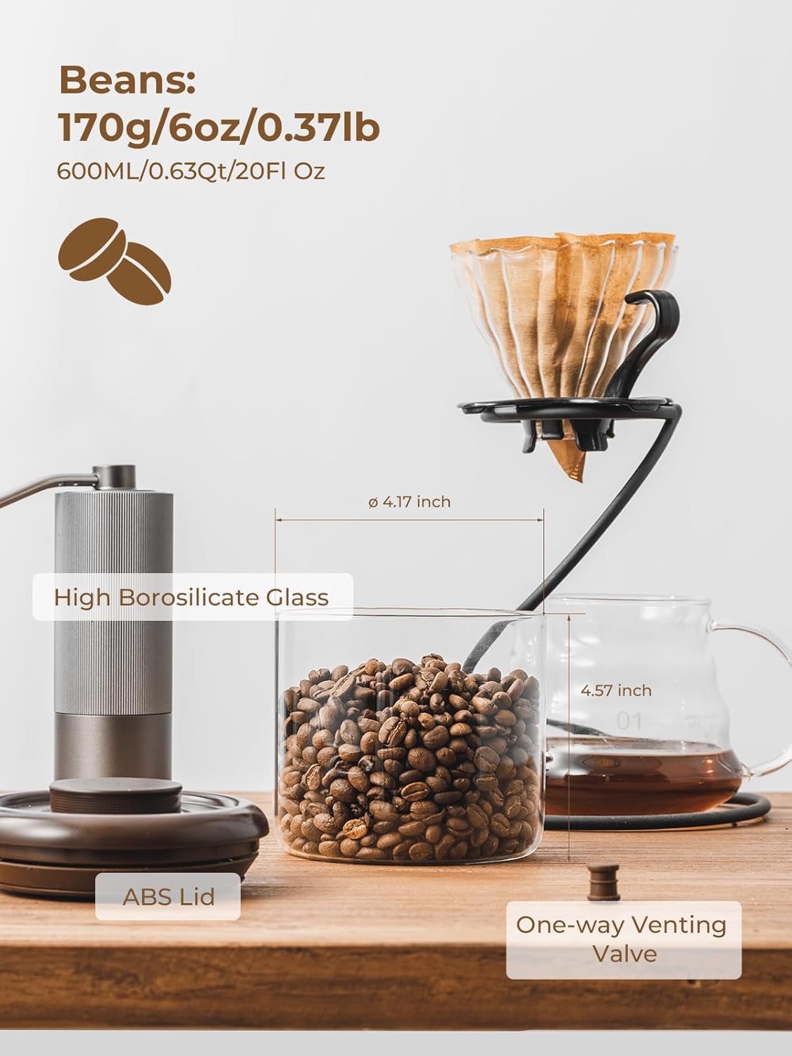 Borosilicate Glass Coffee Jar 600 ml – Pop Top Airtight Coffee Canister with CO2-Release Valve, 7 oz Coffee Container for Ground Coffee
