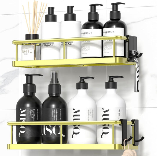 YASONIC Shower Caddy Adhesive, No Drill Bathroom Shower Organizers, with Removable Hooks, Rust Proof Shower Shelves, Wall-Mounted Shower Holder, 2 Pack Gold