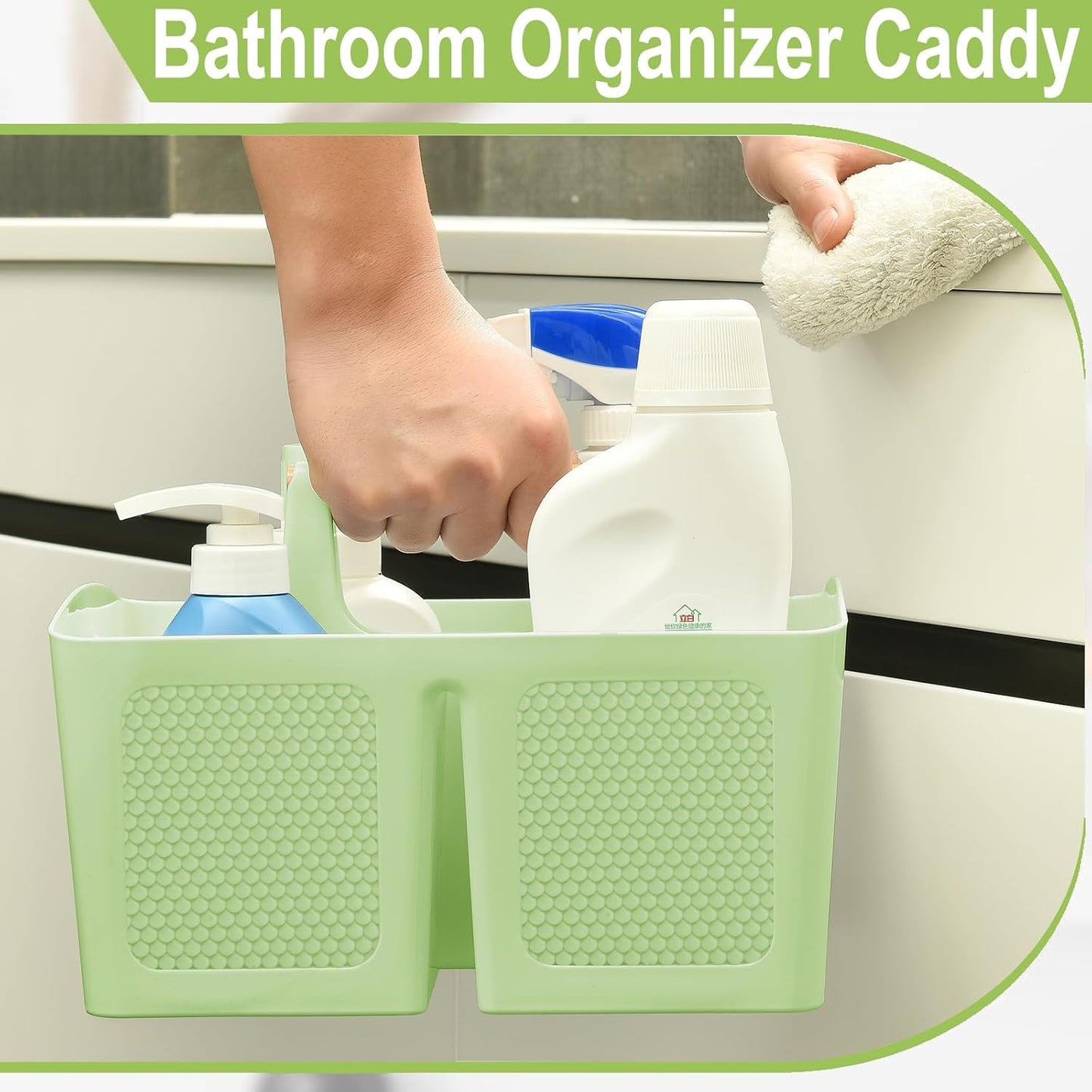 Haundry Plastic Green Shower Caddy Basket with 3 Compartments, Portable Divided Bathroom Cleaning Caddy Organizer Storage Tote with Handle for Dorm, College, Room Essentials