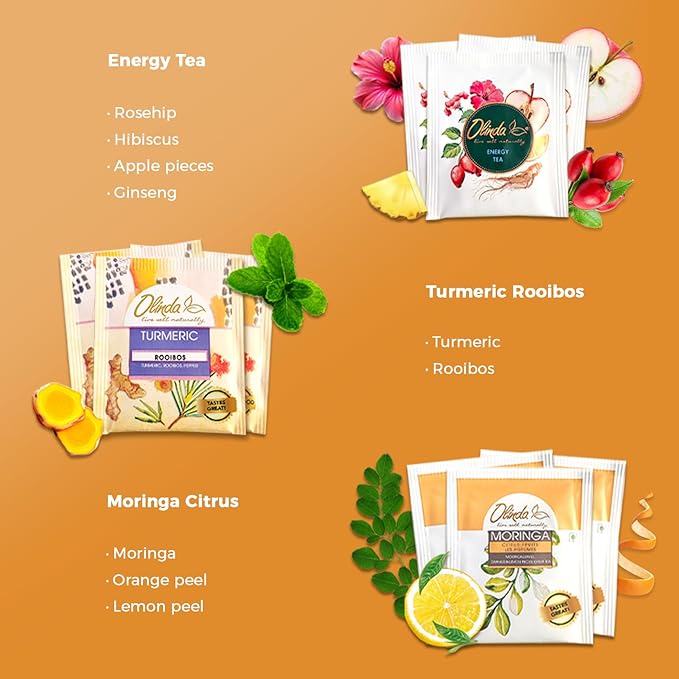 Olinda Health & Vitality Tea Gift Box Tea Samplers Organic Tea Bags Low Caffeine Detox Energy Tea Natural Herbal Gift Set Premium 9 Variety Pack Individually Wrapped 45 Tea Bags 1 Tea Box Tea Gifts for Women