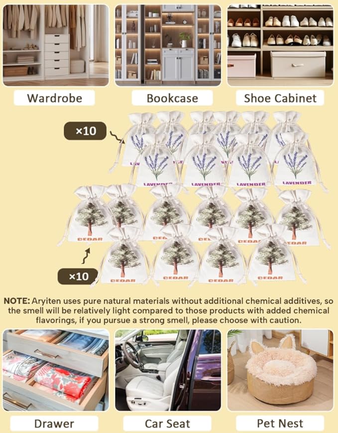 20 Pack Cedar Chips and Natural Dried Lavender Sachets Bags - Stop Clothes Damage, Cedar and Lavendar Home Fragrance Sachets for Drawers and Closets