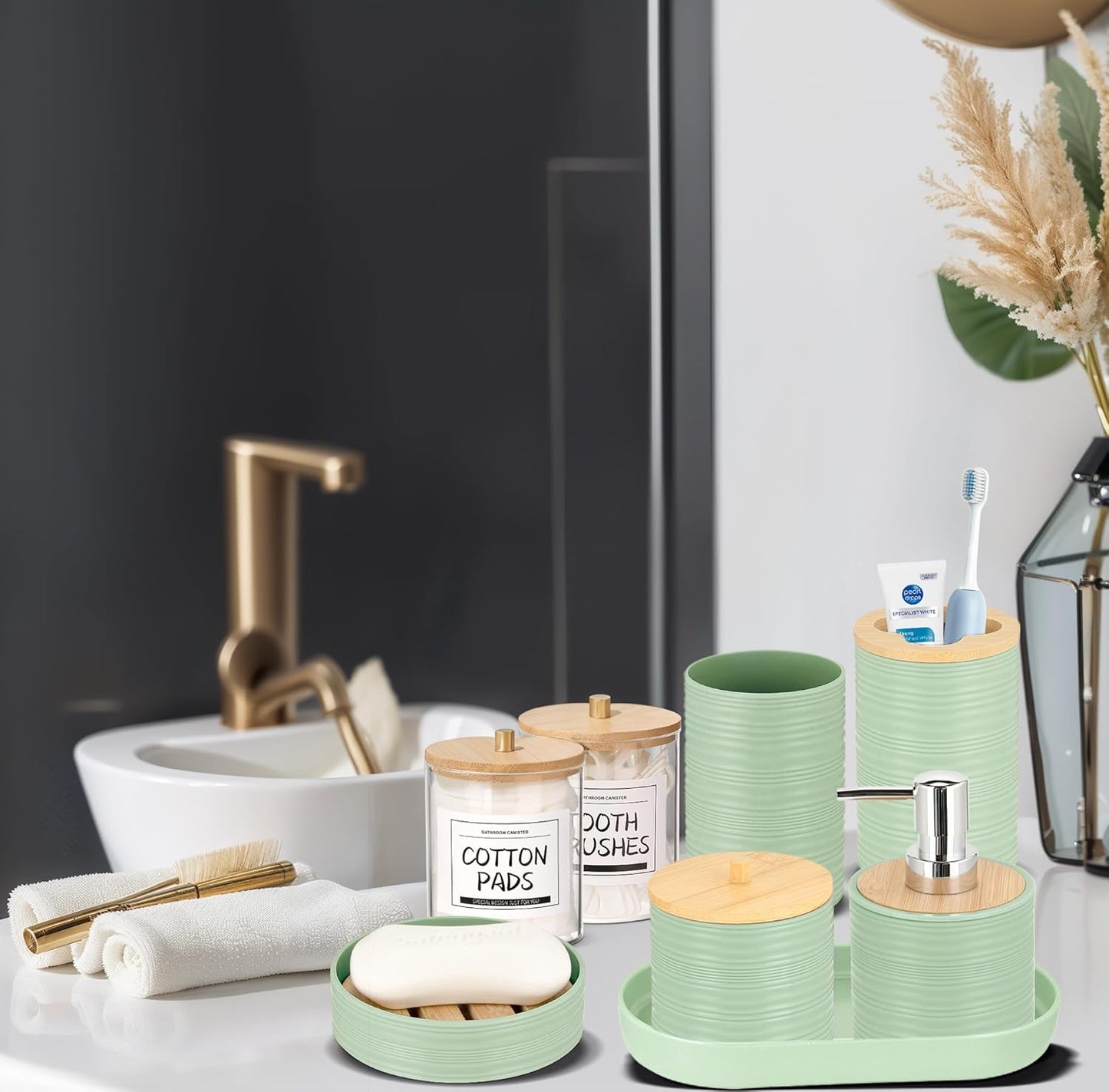 IMAVO Bathroom Accessory Set-11Pcs Green Bathroom Accessories Set with Trash Can,Soap Dispenser,Soap Dish,Toothbrush Holder,Toothbrush Cup,Toilet Brush Holder,Qtip Holder Dispenser with Labels