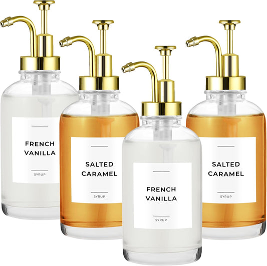 Coffee Syrup Dispenser with Pump - Includes 24 Flavor Labels - Glass Syrup Dispenser for Coffee Bar - Elevate your Beverage Station with 16.9 fl oz Flavoring Container Bottles, 4pcs, Gold