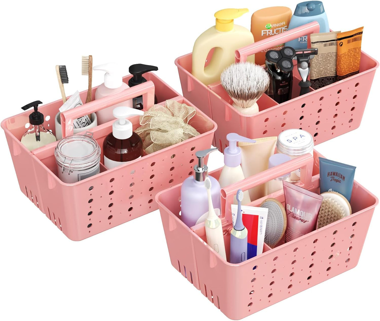 Lifewit Portable Shower Caddy with Handle, 3 Pcs Plastic Shower Caddy Dorm with Holes, Clean Organizer Basket for Bathroom, College, Dorm Room Essentials, Pink