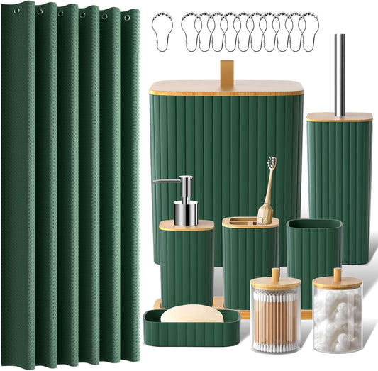 Bathroom Accessories Set - 22PCS Bathroom Set with Shower Curtain, Trash Can, Toilet Brush Holder Set & Soap Dispenser – Stylish & Functional Bath Decor for Home, Apartment, Green