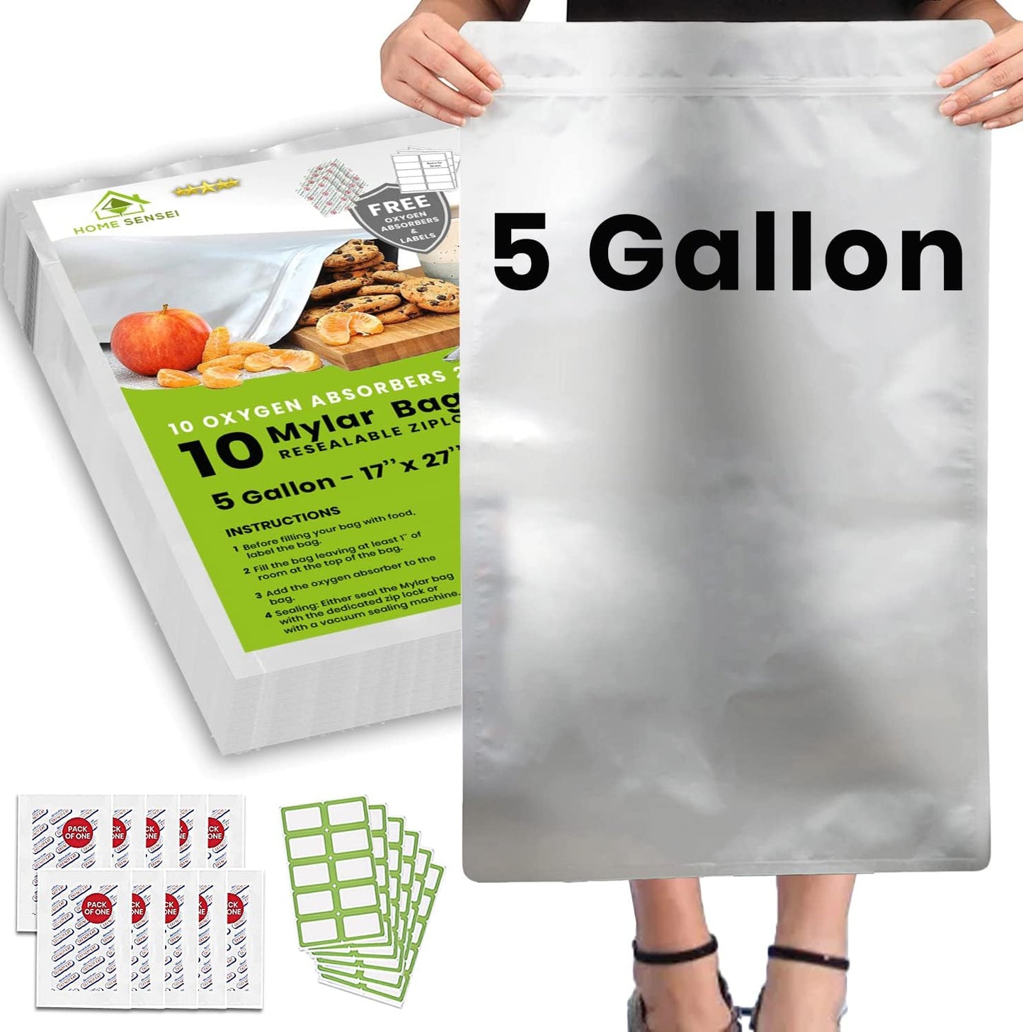 10pcs 5 Gallon Mylar Bags for Food Storage - 10 Mil Thick - Extra large bags 5 Gallon with Oxygen Absorbers 2500cc - Zipper Resealable Milar Bags - Bolsas Mylar 5 Galones