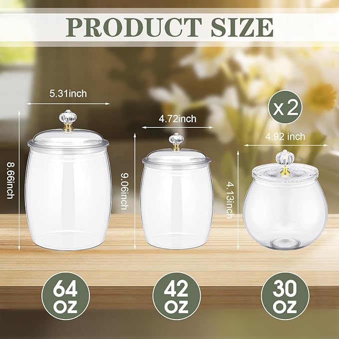 Nuogo 4 Pcs Plastic Candy and Cookie Jars with Lids Clear Cookie Container Candy Jars Large Airtight Apothecary Storage Organization for Wedding Home Kitchen Bar(30/42/64 oz)