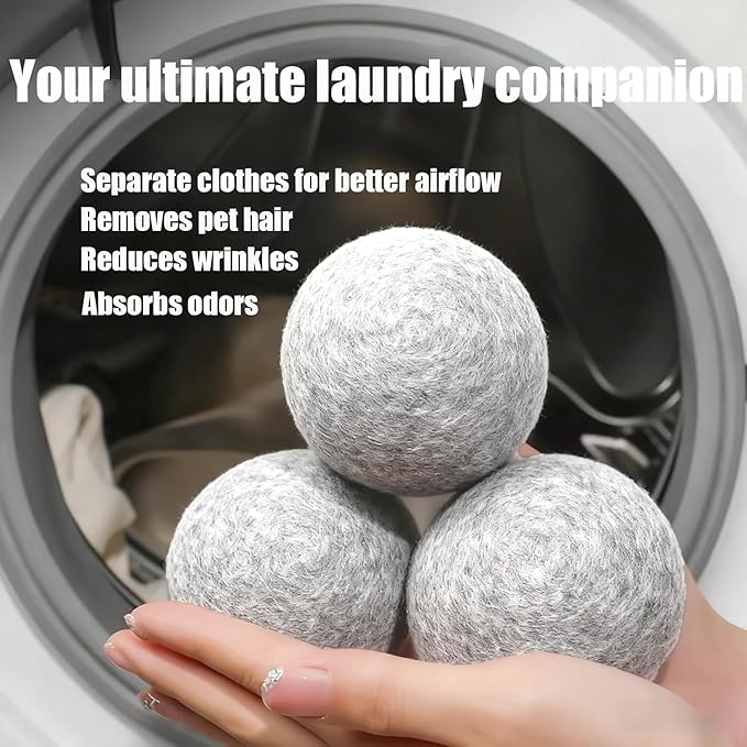 6 Pack Wool Dryer Balls Laundry Reusable Anti Static, Cotton Balls Wool Laundry Balls for Dryer Reduces Clothing Wrinkles Natural Fabric Softener Last 1000+ Loads (Grey, 2.75 in/7 cm)