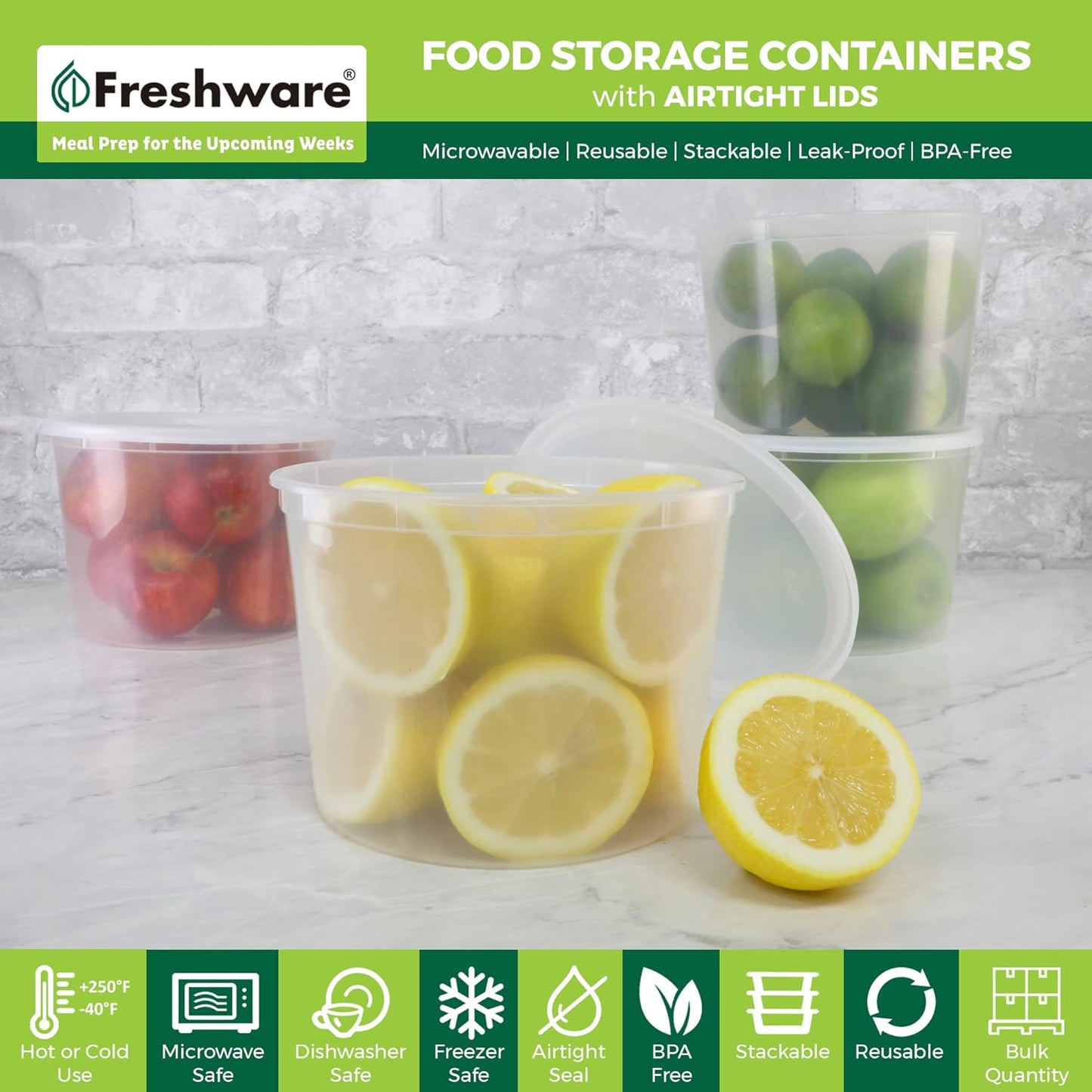 Freshware [12 Pack, 64 oz] 1/2 Gallon Plastic Deli Food Storage Soup Containers With Airtight Lids, Slime Containers, Freezer Safe | Meal Prep | Stackable | Leakproof | BPA Free, Clear