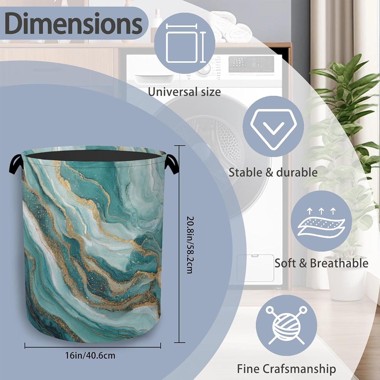 Blue Green Gold Marble Laundry Basket,Foldable with Handles Tote Bag Oxford Cloth for Bathroom Bedroom Dirty Clothes Storage Bucket 16" x 20.8"