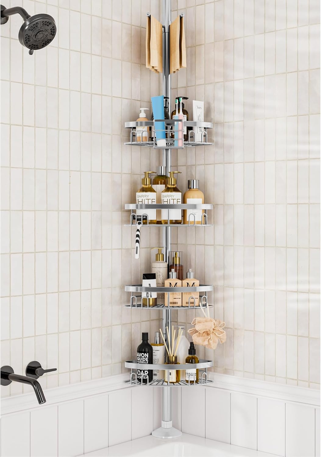 Rustproof Shower Corner Caddy Shelf for Bathroom Tension Pole Organizer with 4 Baskets for Bathtub Shampoo Storage from 23.6 to 114.5 Inch with Towel Bar (Silver)