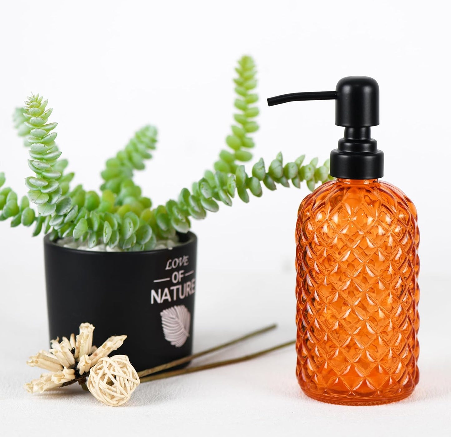 12Oz Glass Soap Dispenser with 304 Black Rustproof Stainless-Steel Pump, Refillable Glass Soap Dispenser for Kitchen, Bathroom, Farmhouse (Orange)