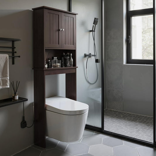 Over The Toilet Storage Cabinet, Behind Toilet Bathroom Organizer with Adjustable Shelves, Above Toilet Organizers with Barn Door, Space Saver for Restroom, Bathroom, Laundry