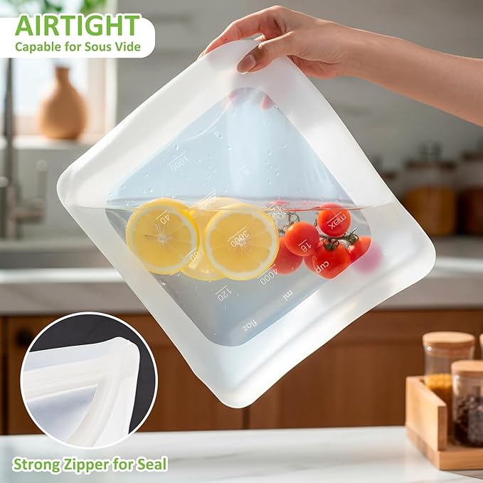 100% Silicone Gallon Freezer Bags, Extra Large Reusable 1 Gallon Silicone Storage Bags Stand-Up Zip-Lock Leakproof for Bulk Food & Large Portions, Freezer Microwave Sous Vide Dishwasher Safe, 2 Pack