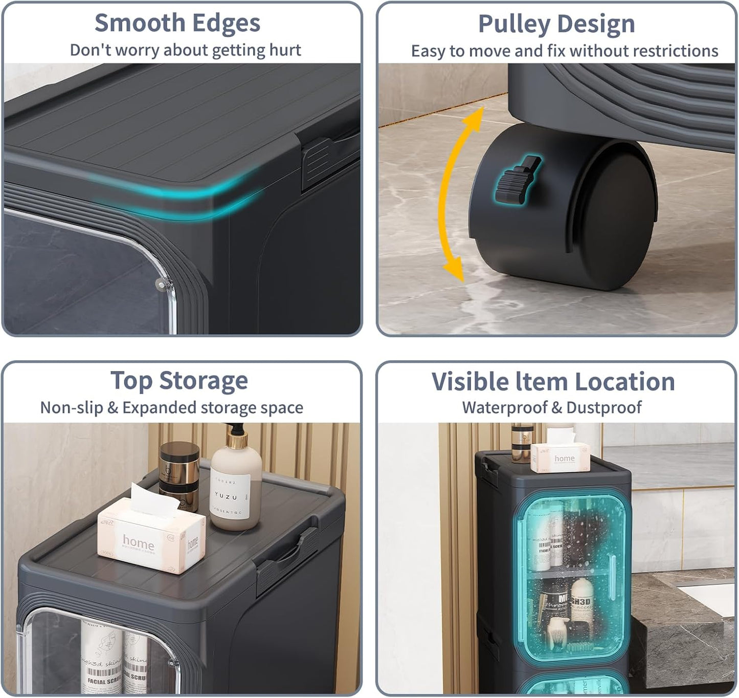 KHNR 4-Tiers Slim Bathroom Storage Cabinet, Foldable Storage Cabinets,Narrow Bathroom Storage,Movable Bathroom Storage Organizer for Small Spaces,Bathroom,Kitchen,Laundry,Black