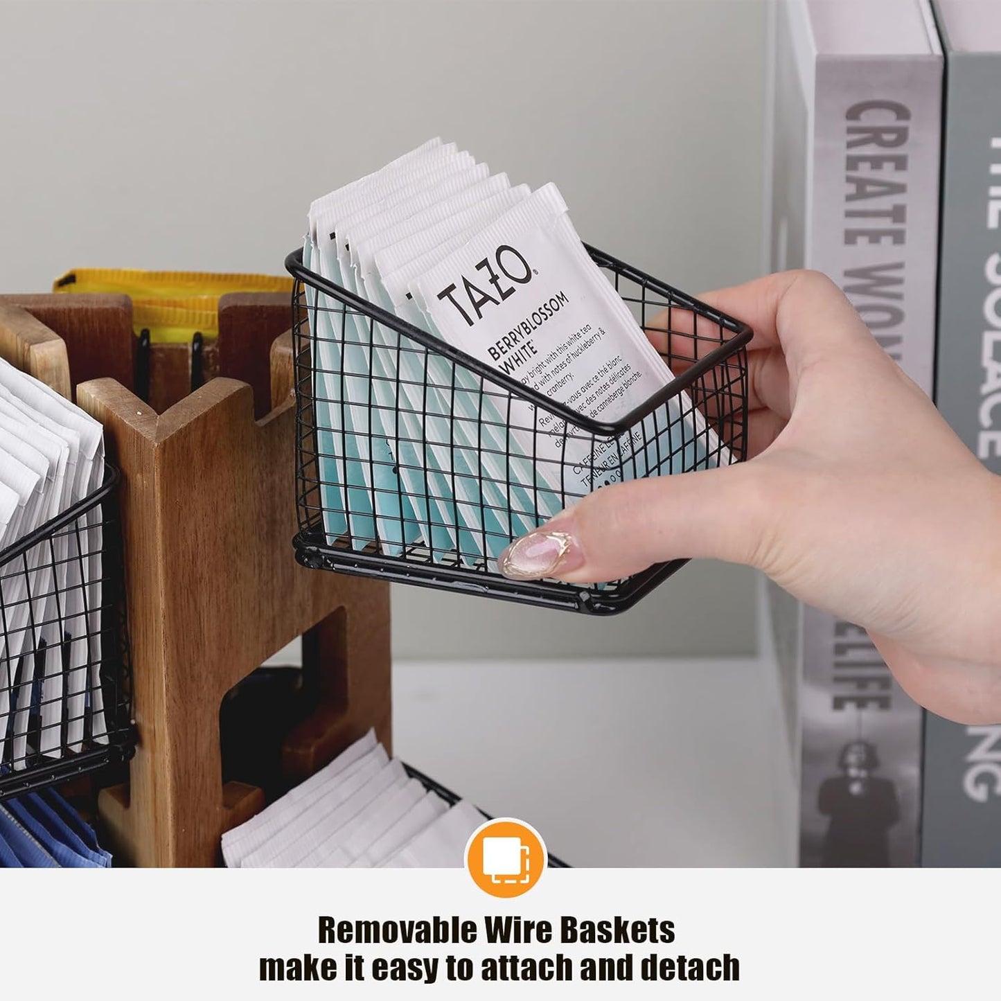 HTB Carousel Tea Bag Organizer for Counter, 2 Tier Tea Bag Holder with 6 Removable Tea Baskets and Acacia Wood Station, Tea Organizers and Storage for Cabinet, Countertop