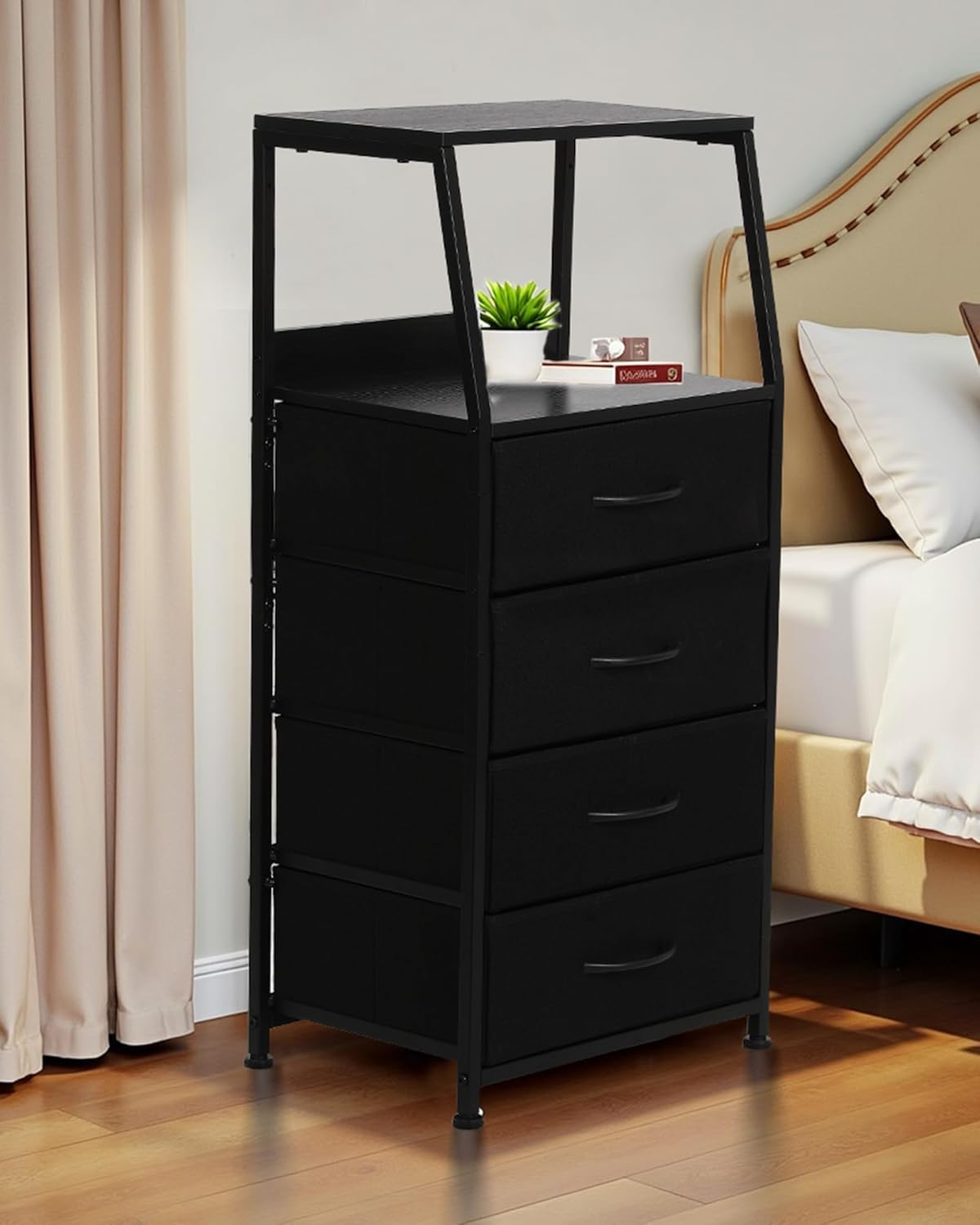Dresser for Bedroom, Fabric Nightstand Tall Dresser & Chests of Drawers with 4 Drawers, Vertical Organizer Storage Tower Unit for Bedroom, Hallway, Entryway Black