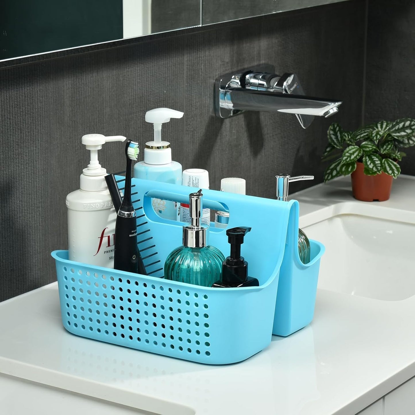 ALINK Portable Plastic Shower Caddy Basket, Large Cleaning Supply Caddy Organizer Storage Tote with Handle for Bathroom, College, Cabinet, Dorm Room Essentials - Blue