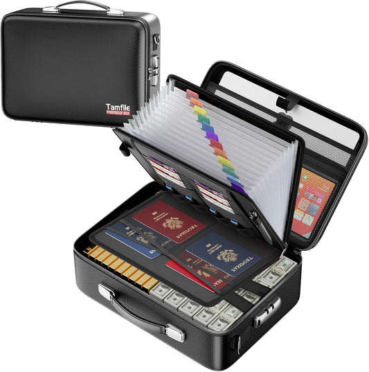 Tamfile Fireproof Document Box, Hard-Shell Design Case 5200°F Fireproof Water Safe File Box with Lock,8-Layer Fireproof Safe File Organizer for Important Documents、Valuables、Laptop、Passports (Black)