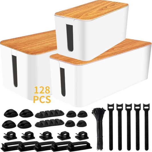 Cable Management Box 3 Pack with 125PCS Cable Management Kit for Power Strip to Hide Wires,Cord Organizer Boxes,Safe ABS Material Wire Organizer of Cable Clips Sleeve