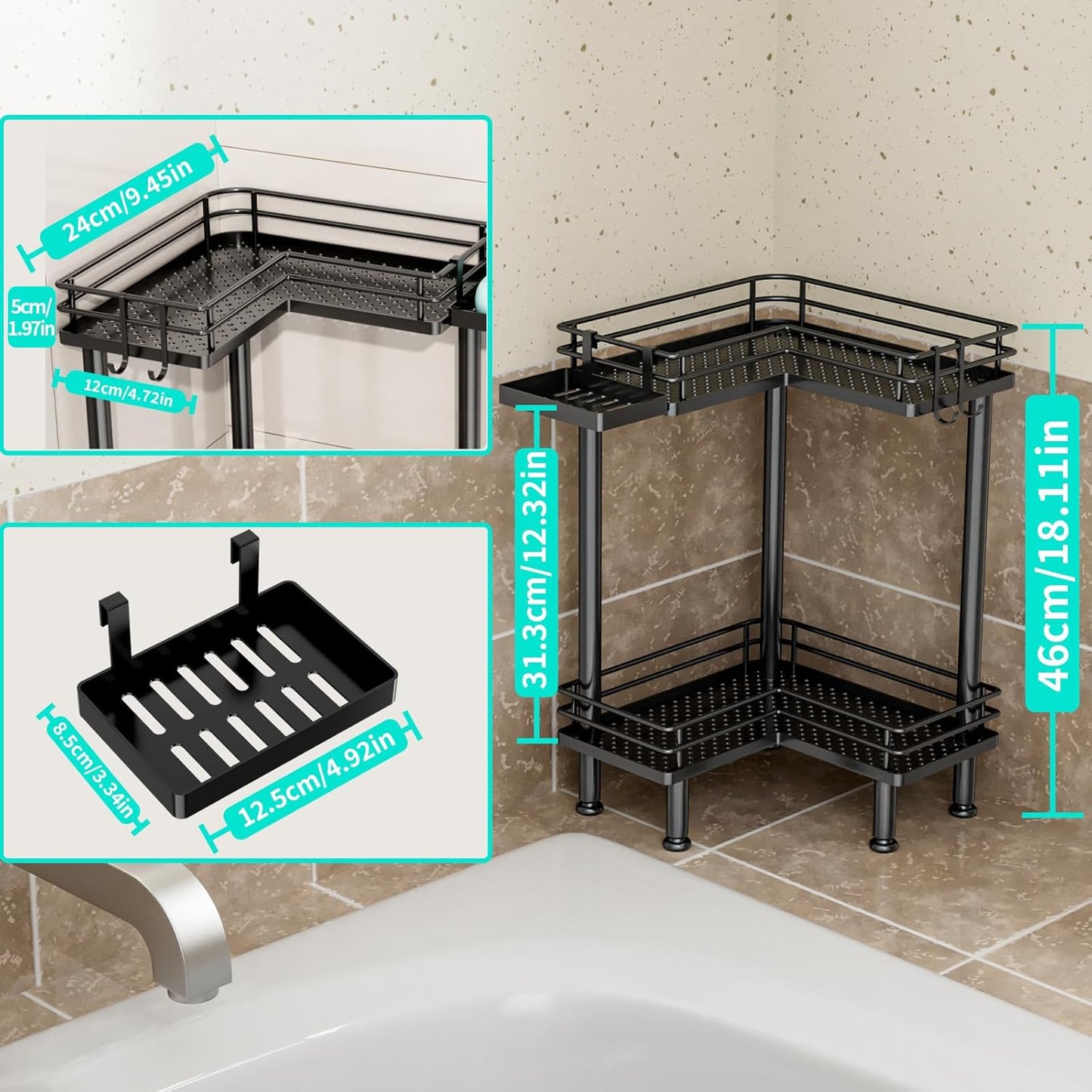 HapiRm Corner Shower Caddy Standing - 2 Tier Shower Organizer Corner with Soap Holder, Rustproof Bathroom Standing Organizer with 2 Hooks, Black