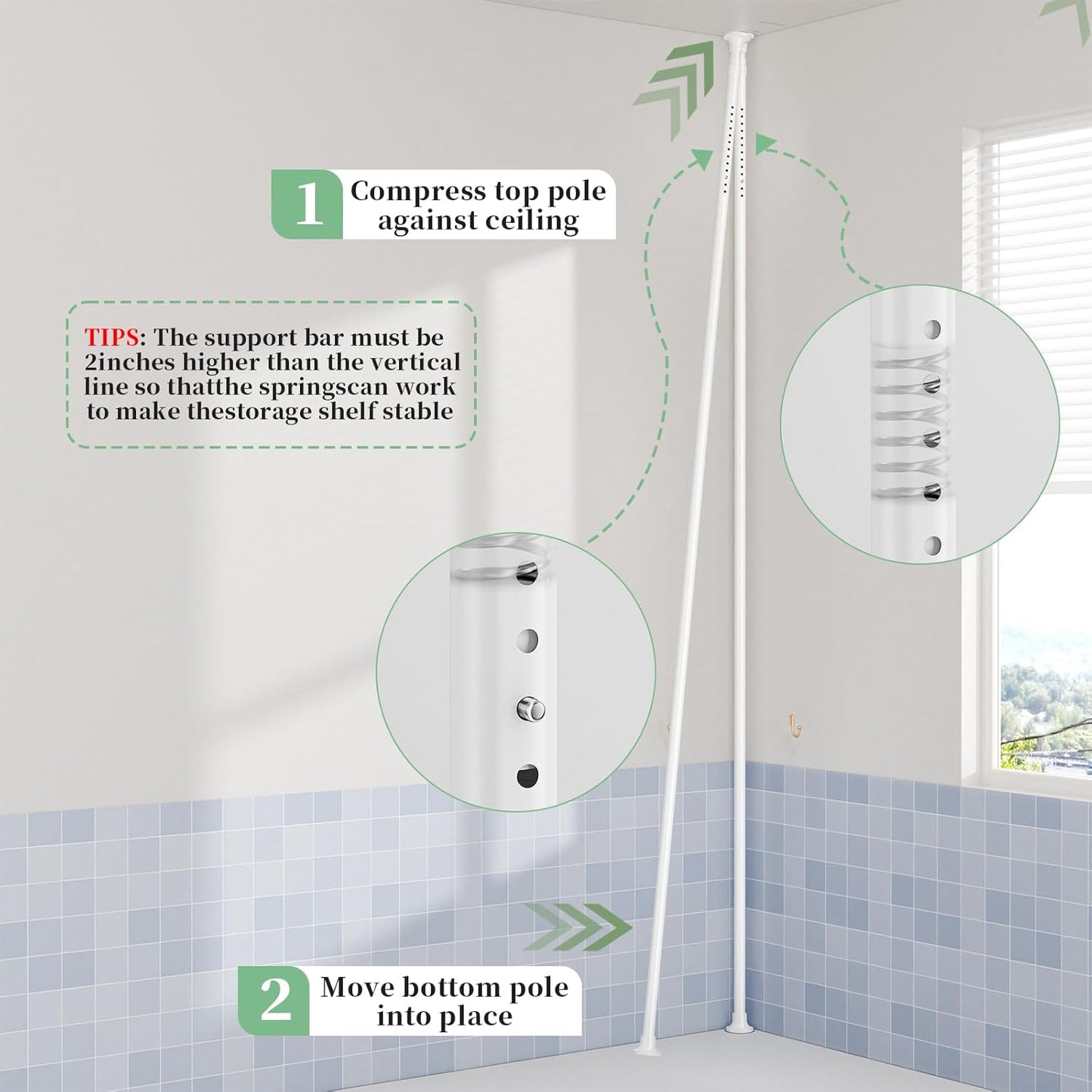 Tension Pole Shower Caddy Organizer with 4 Tier L-Shaped Rust Resistant Bathroom Corner Shelves with 34-124 Inch Adjustable No Drilling Quick Install Shower Rack for Bath Essentials (White)