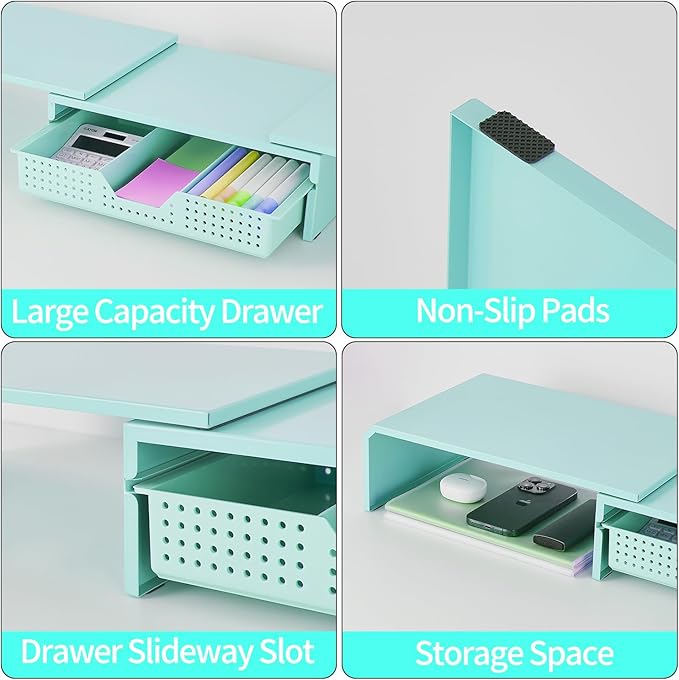 Dual Monitor Stand Riser with Drawer, Desk Organizer and Accessories, Metal Laptop Stand for Desk, Workspace Desktop Stand for Computer, Laptop, TV and More (Sky Blue)