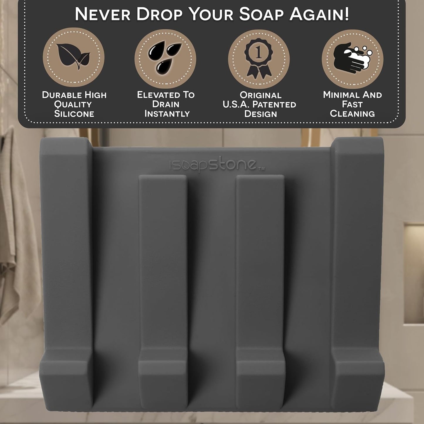 Silicone Soap Dish (USA Patented) Self Draining Bar Soap Holder for Shower Bathroom Sink, Drying Soap Dish Tray Kitchen Sponge Holder Easy Cleaning Soap Saver Mat (Dark Grey, 2)