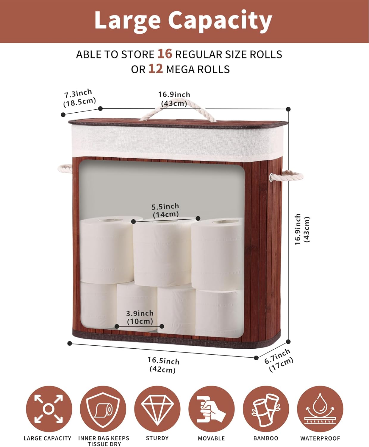 Bamboo Toilet Paper Storage with Lid & Handel, 8 Gallons (30L), Sturdy Toilet Paper Basket, Organizer for Bathroom, Kitchen, Holder with Storage, Brown