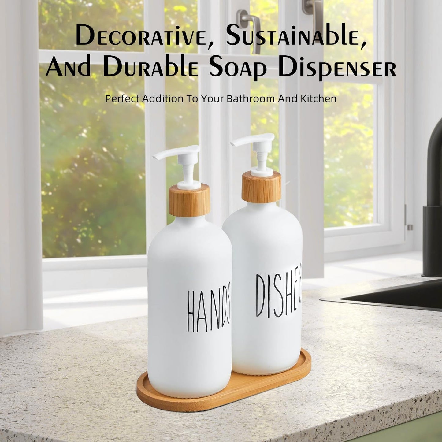 Arktek Glass Soap Dispenser Set with Tray, 2 Pack Hand and Dish Soap Dispenser Set for Bathroom and Kitchen Bottle Dispenser with Dish Soap, Hand Soap, Lotion 17 Oz (2 White)