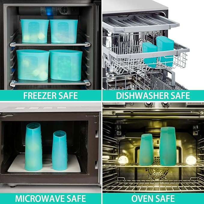 Reusable Sandwich & Snack Bags, 8 Pack 100% Silicone Food Storage Bags Stand Up Zip Lock for Food Container, Freezer Microwave Oven Dishwasher Safe, 4 Small 4 Extra Small, Aqua