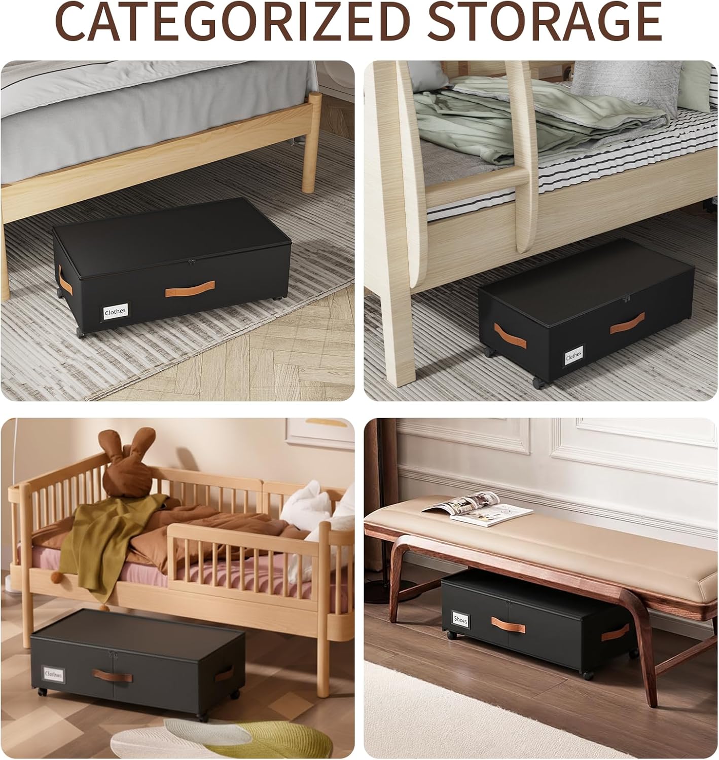 60L Under Bed Storage Bins with Wheels,2-Pack Rolling Organizers for Clothes, Shoes, Blankets & Toys,Space Saving Containers for Bedroom, Home, Dorm (9.5" High)