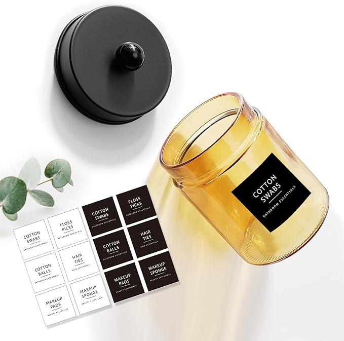 Amolliar Bronze Glass Apothecary Jar, Qtip Holder Metal Lid & Stickers, Bathroom Qtip Dispenser Storage Canister, Perfect for Cotton Balls, Cotton Swabs, Makeup Pads, Bath Salt, Floss, 4 Pack (Black)